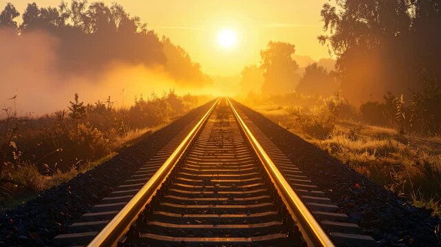 A golden sunrise casts light on railroad tracks stretching towards a horizon