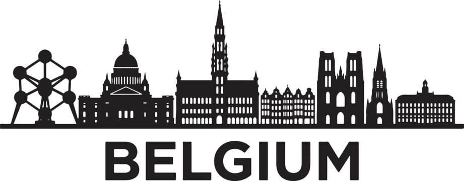 Belgium city skyline with famous landmarks in black silhouette