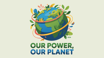 Earth surrounded by leaves and energy lines with the phrase our power our planet