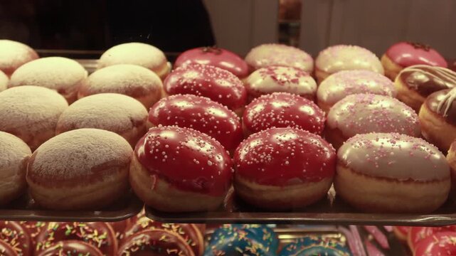 Assorted fresh glazed donuts with colorful frosting and sprinkles displayed in bakery shop window