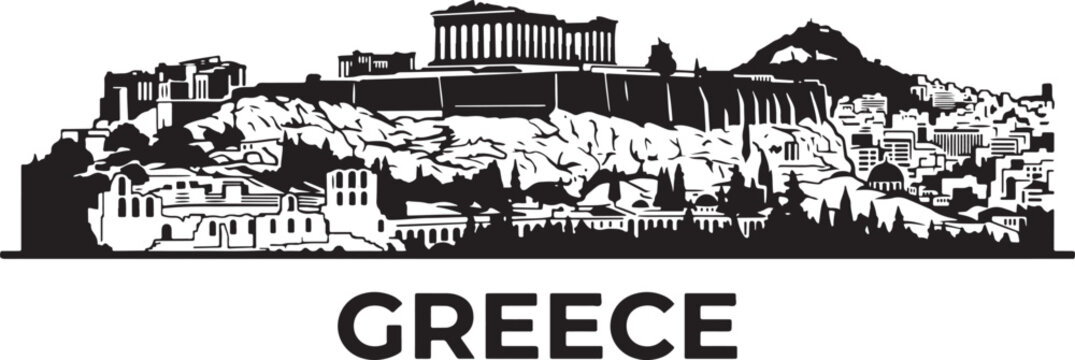 Stunning black and white illustration of Greek landmarks and Acropolis