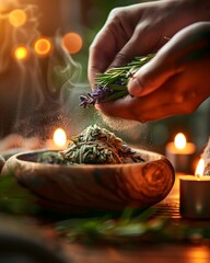 Hände räuchern Kräuter über Holzschale spirituelles Ritual mit Kerzenlicht