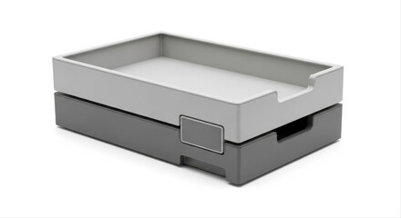 Modern stackable drawer tray in sleek gray and white finish, isolated on a white background, showcasing minimalist design and practical storage solution