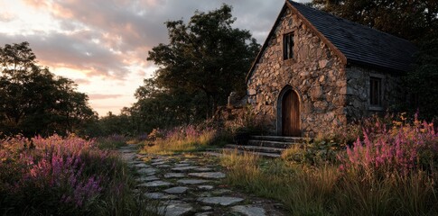 Obraz premium During the golden hour, a stone cottage with a rustic charm is highlighted, its vibrant flower arch and lush garden adding color