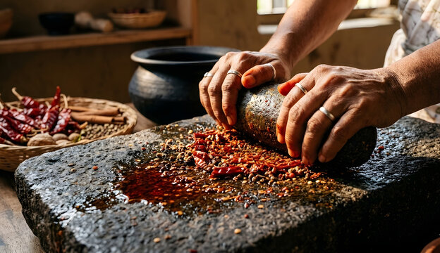 Macro of weathered Sri Lankan hands grinding vibrant red dried chilies on traditional Miris Gala stone