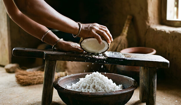 Close up of traditional coconut scraper Pol Gana with fresh grated coconut in clay bowl