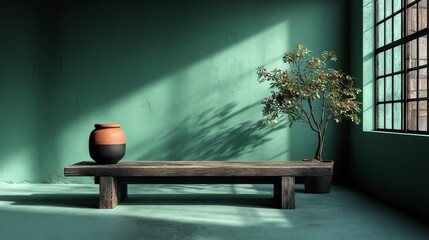 A tranquil minimalist interior showcases a soft pastel green wall, a wooden coffee table, and vibrant potted plants in a bright corner