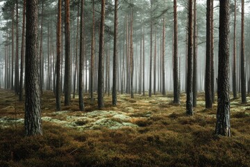 Obraz premium Foggy forest scene with tall, straight trees, muted colors and mossy ground