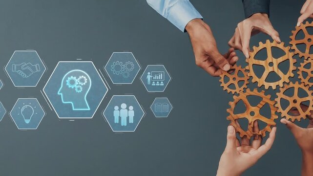 This image captures hands assembling gears alongside graphical elements symbolizing innovation and collaboration in a dynamic business landscape. Raster