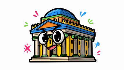 Obraz premium Cartoon illustration of a classical building with a smiling face and big eyes.