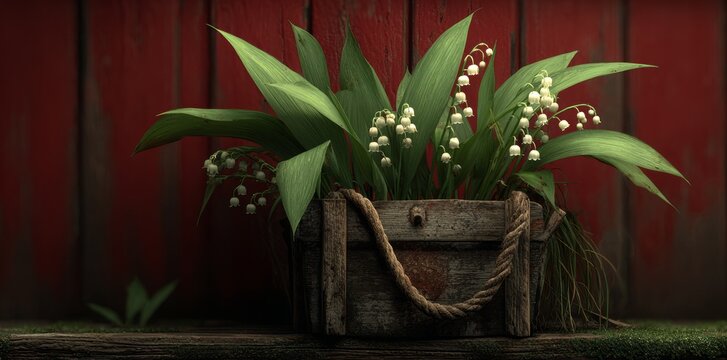 Lily of the valley blossoms, elegantly arranged in a simple container on a wooden surface against a deep red backdrop