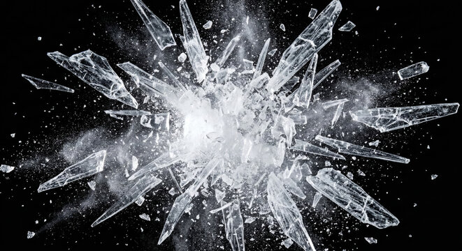 High-speed macro photography of glass shattering into sharp shards with white dust explosion isolated on black background.