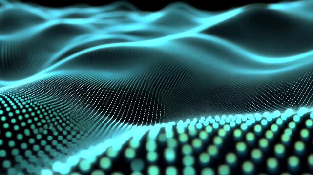 Abstract digital wave pattern with glowing blue dots on dark background.