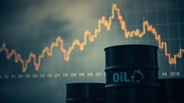 Oil barrels in front of a stock market graph showing oil price fluctuations and market trends