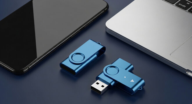 USB drives and electronic devices on a dark blue surface viewed from above