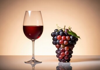 Fototapeta premium A glass of red wine with a bunch of grapes on a reflective surface