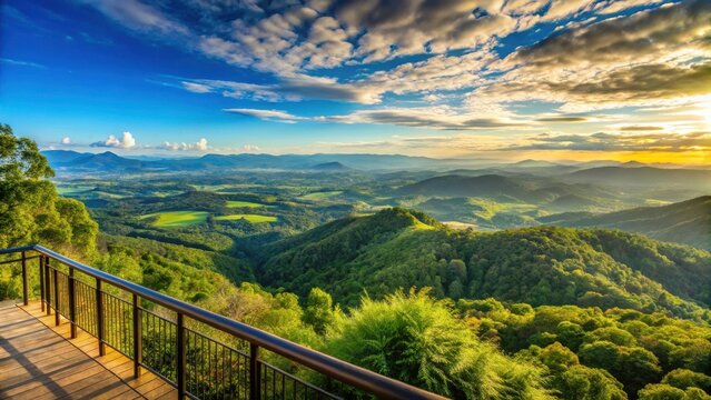 Serene Sunset Vista from an Elevated Wooden Deck Overlooking Rolling Green Hills and a Vast Expanse of Lush Foliage