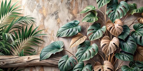 Obraz premium Lush Tropical Foliage Arranged Against a Textured Wall Featuring a Weathered Wooden Element