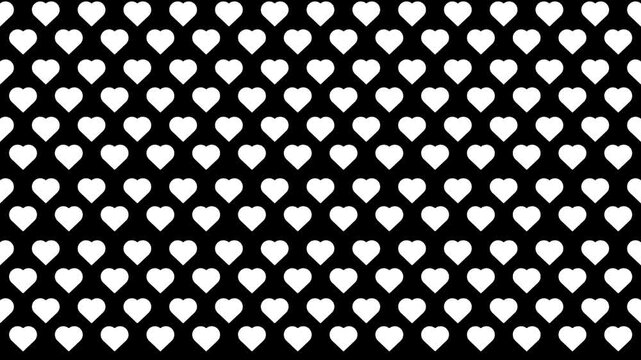 A dense repeating pattern of white hearts on a black background