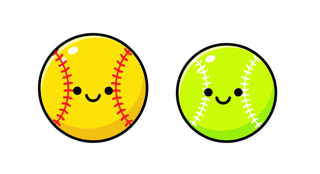 Cute kawaii softball and baseball balls with smiling faces, isolated on white background.