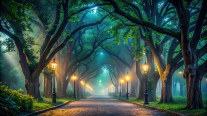 Fototapeta premium Enchanted Pathway Through a Misty Grove Illuminated by Golden Lamplight at Dusk