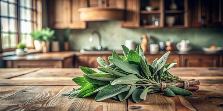 Rustic Kitchen Setting Featuring Freshly Harvested Sage Sprigs on a Wooden Table