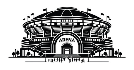 Game arena or sports stadium architecture with roof front view Icon Silhouette vector black design on a white background © 4k Vectors