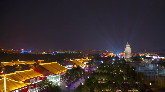 Xi'an Illuminated Temples and Pagoda at Night - Aerial View