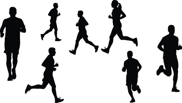Collection of seven male and female runner silhouettes, black vector icons of people jogging and sprinting from side view isolated on white.