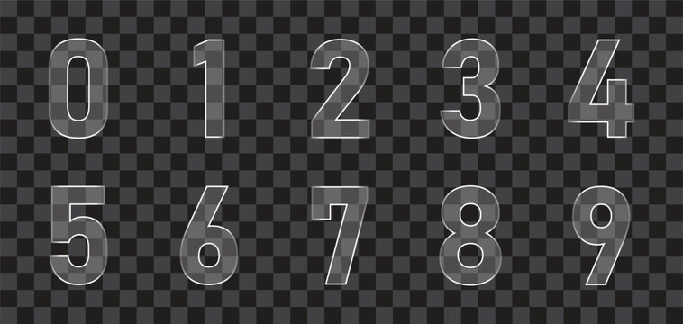 Numbers with glass morphism. Glass effect number set 0-9. 