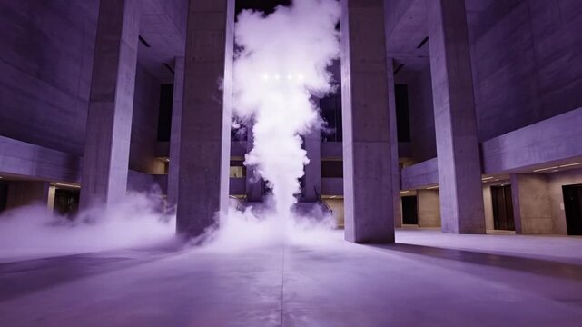 Vast concrete atrium with tall pillars and a dramatic plume of white steam rising from the floor, quiet and cinematic atmosphere, modern architecture and urban mood
