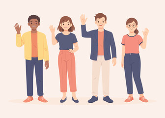 Diverse Young People Character Set Waving Hands in Flat Illustration Style
