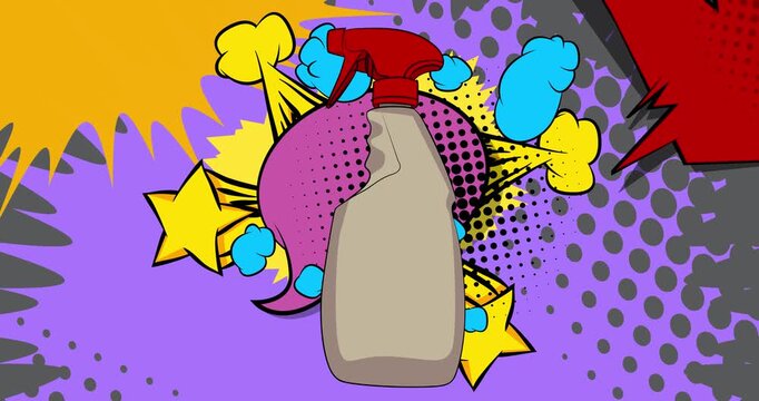 Cartoon Spray Bottle, comic book Cleaning Product video. Retro comics pop art design animation.