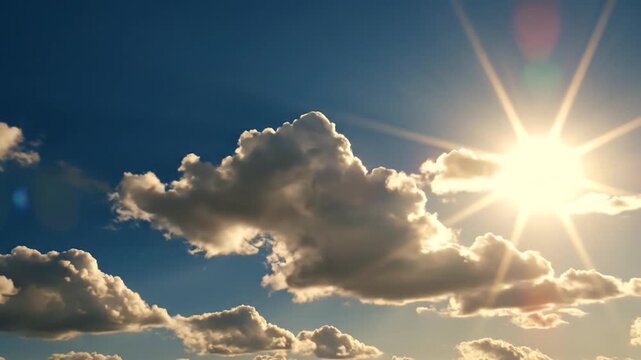 Bright sun shining through f white clouds in a vibrant blue sky
