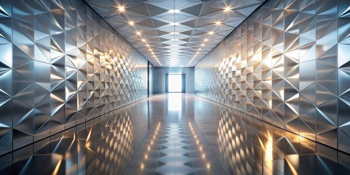 Modern architectural hallway with geometric metallic wall panels and reflective flooring, illuminated by recessed lighting