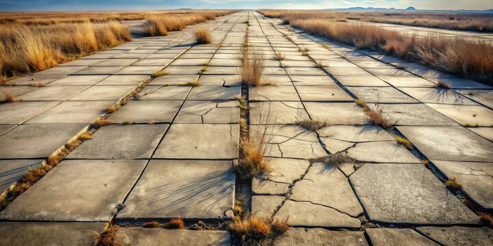 A sunlit, cracked pavement path stretches towards a distant horizon, bordered by tall, dry grasses