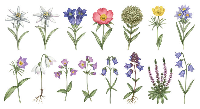 Collection of Alpine Wildflowers Including Edelweiss Gentian and Bluebells Botanical Illustration Isolated on White Background