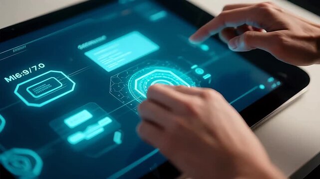 Hands interacting with futuristic digital interface