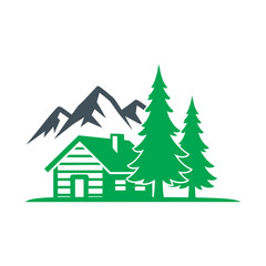 Cabin Log House Forest Trees Mountains Illustration.