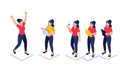 Fototapeta premium Professional woman character set shows the same person in different work-related poses like celebrating reading and drinking coffee.