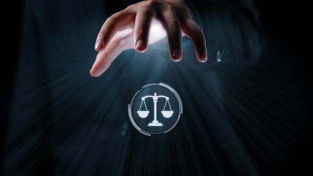 Futuristic digital law interface displaying justice scale, highlighting digital law, AI compliance, digital law systems, and digital law regulations for secure governance. Elide