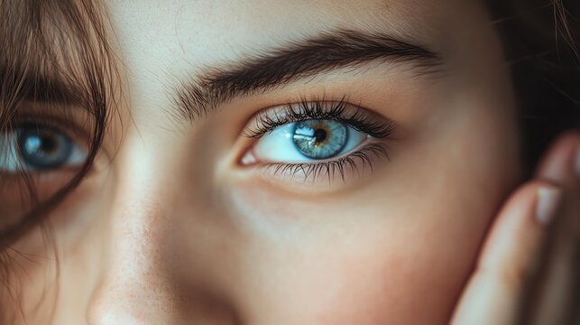 Close-up of a woman's striking blue eye, showcasing detailed features and emotions.