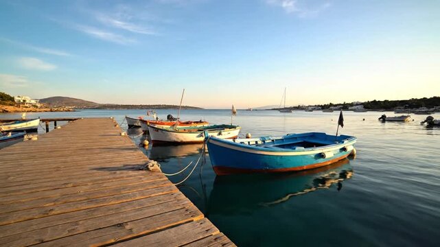 Traditional Fishing Boats at Ornos Bay Pier in Mykonos Greece