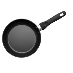 Top view of a sleek nonstick frying pan featuring a durable black handle ready for culinary creation on transparent background