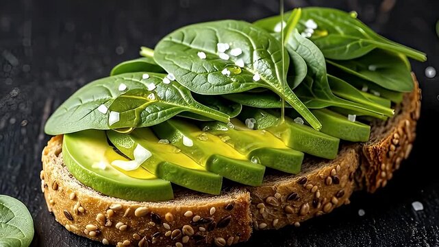 A visually appealing close-up shot captures the exquisite preparation of a delicious and healthy snack or light meal. A thick slice of rustic whole-grain toast, rich with visible seeds, serves as the 