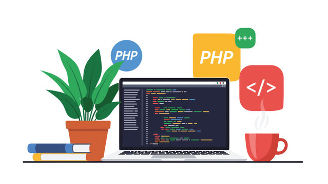 Creative workspace with a laptop displaying PHP programming code next to a potted plant, books, and a steaming cup of coffee.