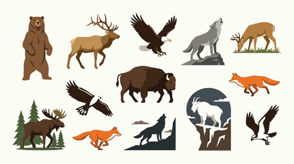 Fototapeta premium Collection of North American Wildlife Animals in Various Poses and Natural Habitats.