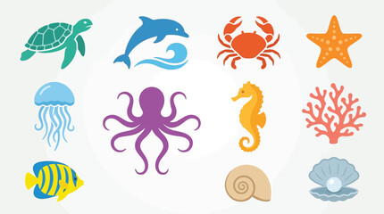 A vibrant collection of stylized marine life illustrations, including a sea turtle, dolphin, crab, starfish, jellyfish, octopus, seahorse, coral, fish, and seashell. © tr
