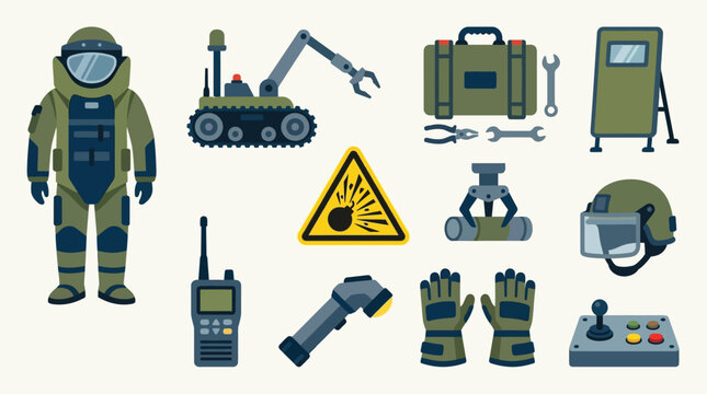 Collection of bomb disposal equipment and tools, including a protective suit, robot, warning sign, and various implements.