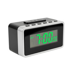 Fototapeta premium Modern compact digital alarm clock displaying exactly seven o'clock am with bright green luminous numbers on transparent background